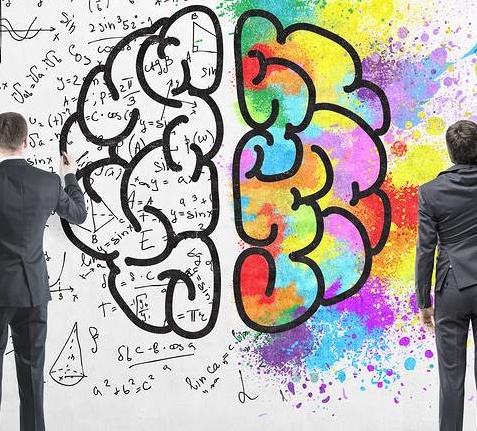 Rear View Of Two Businessmen Drawing A Colorful Large Brain Sket